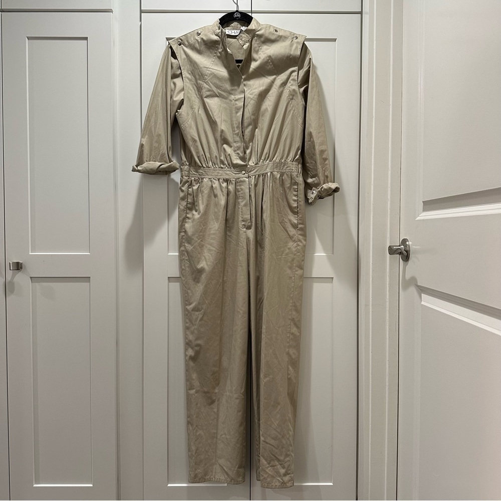 Chaus Vintage Button Front Cotton Blend Tan Jumpsuit Size 6